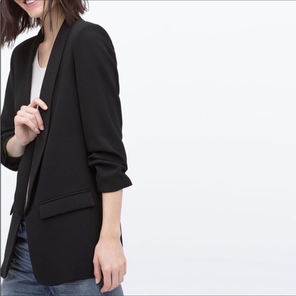 Zara Woman Open Front Ruched Sleeve Blazer - Picture 1 of 7